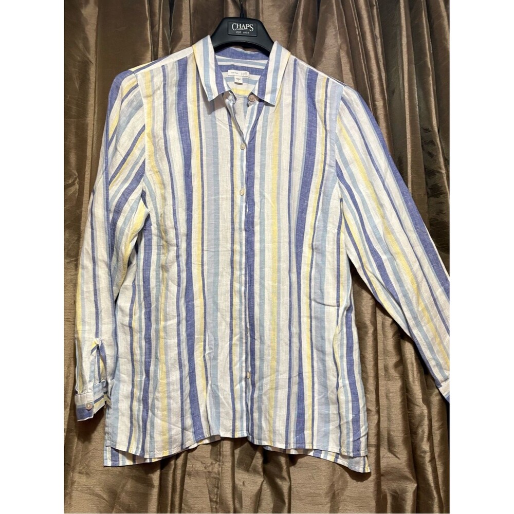 J. Jill Striped Button-Front Linen Shirt in Blue, White & Yellow 23↔️19↕️ #1796